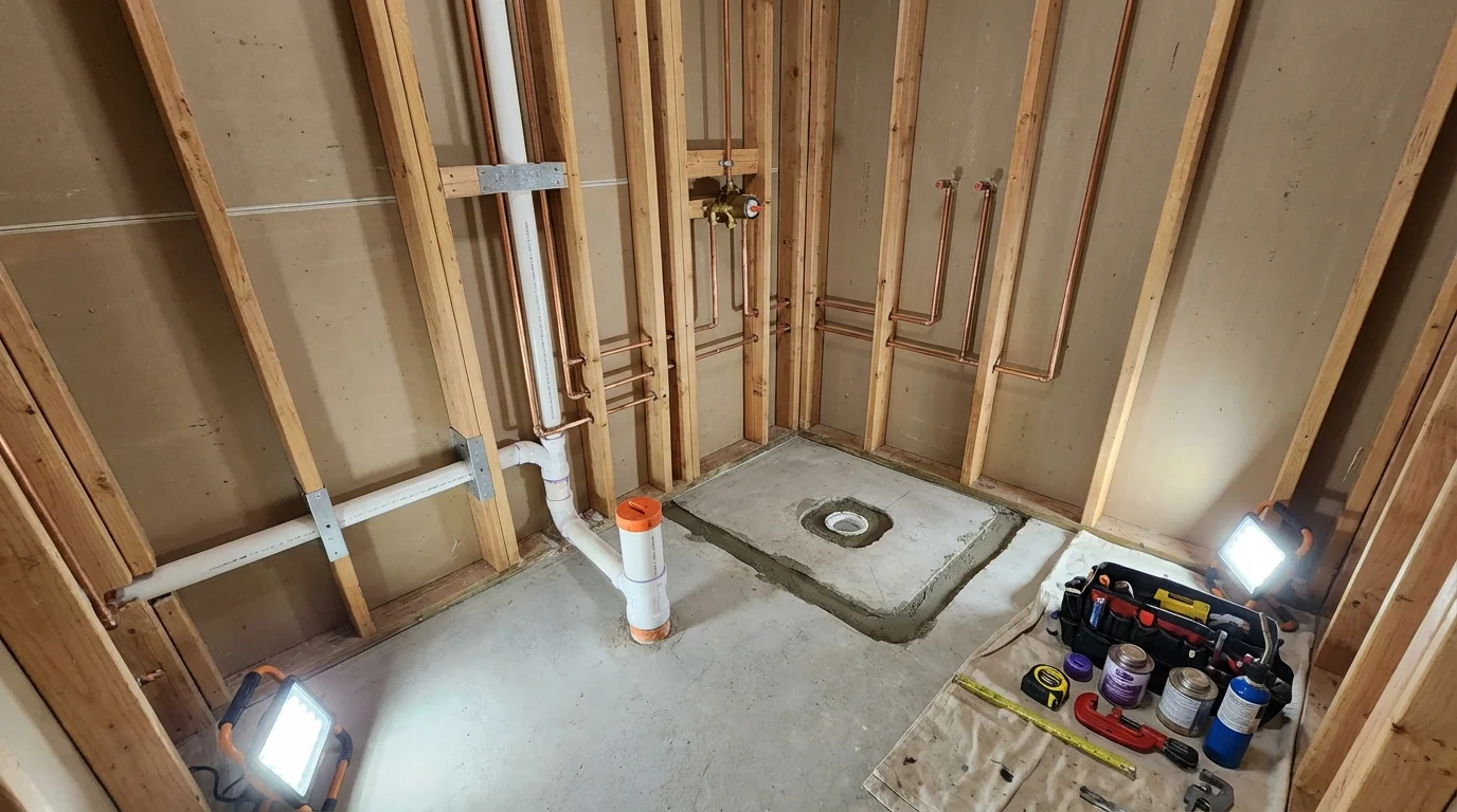 Bathroom rough-in plumbing during remodel by Johns Plumbing LLC in Jermyn