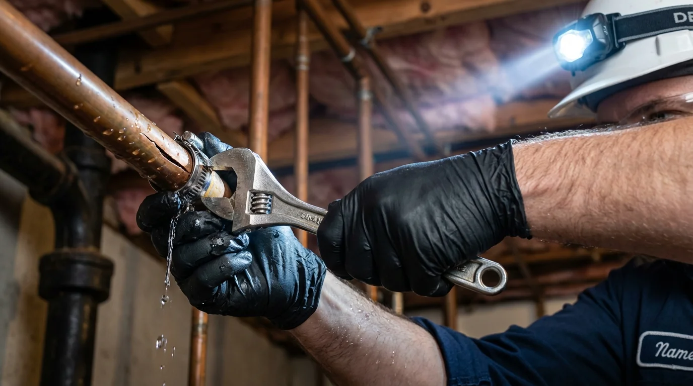 Emergency pipe clamp repair being performed by a Johns Plumbing LLC plumber in Jermyn